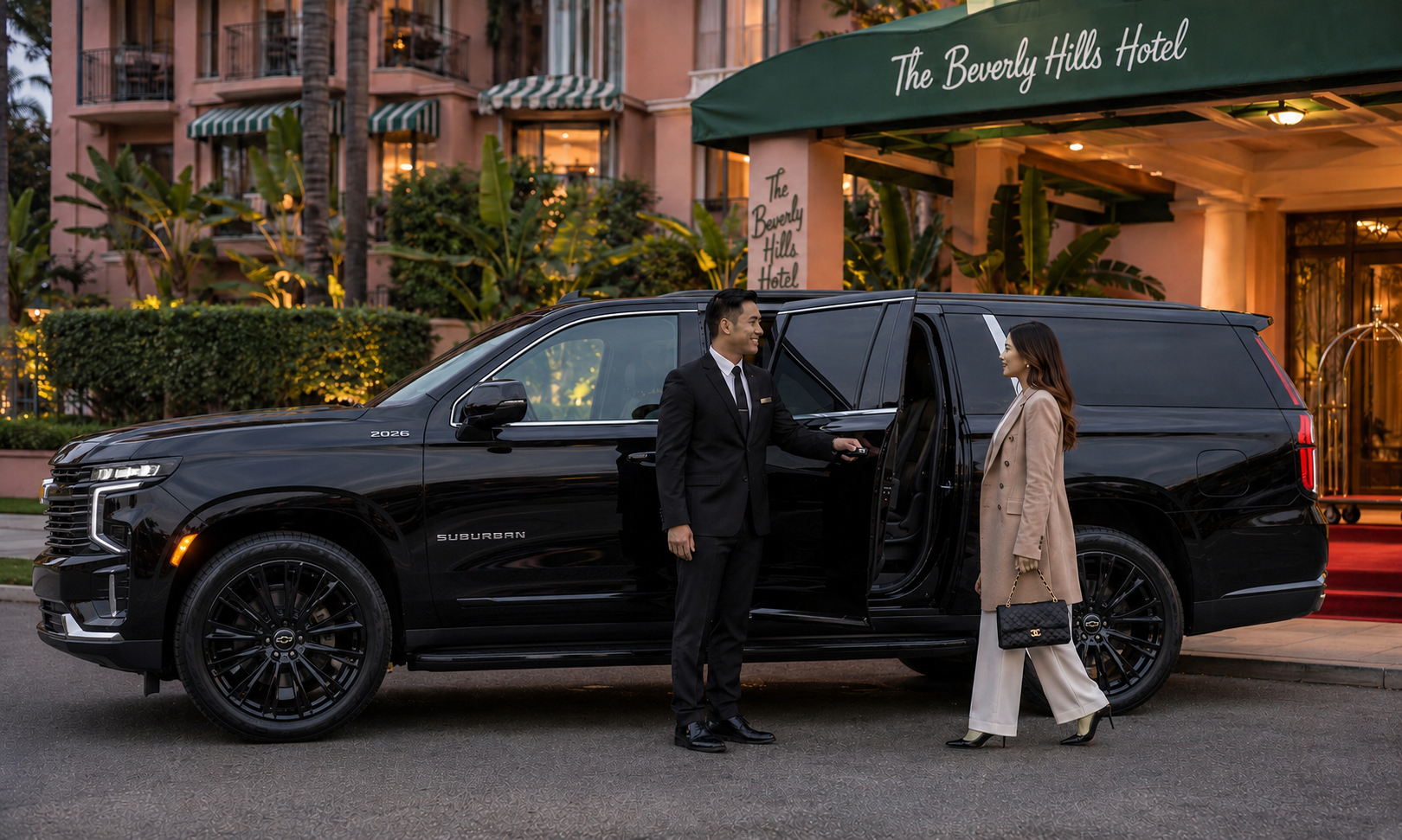 Professional chauffeur standing by a luxury black sedan at a private terminal