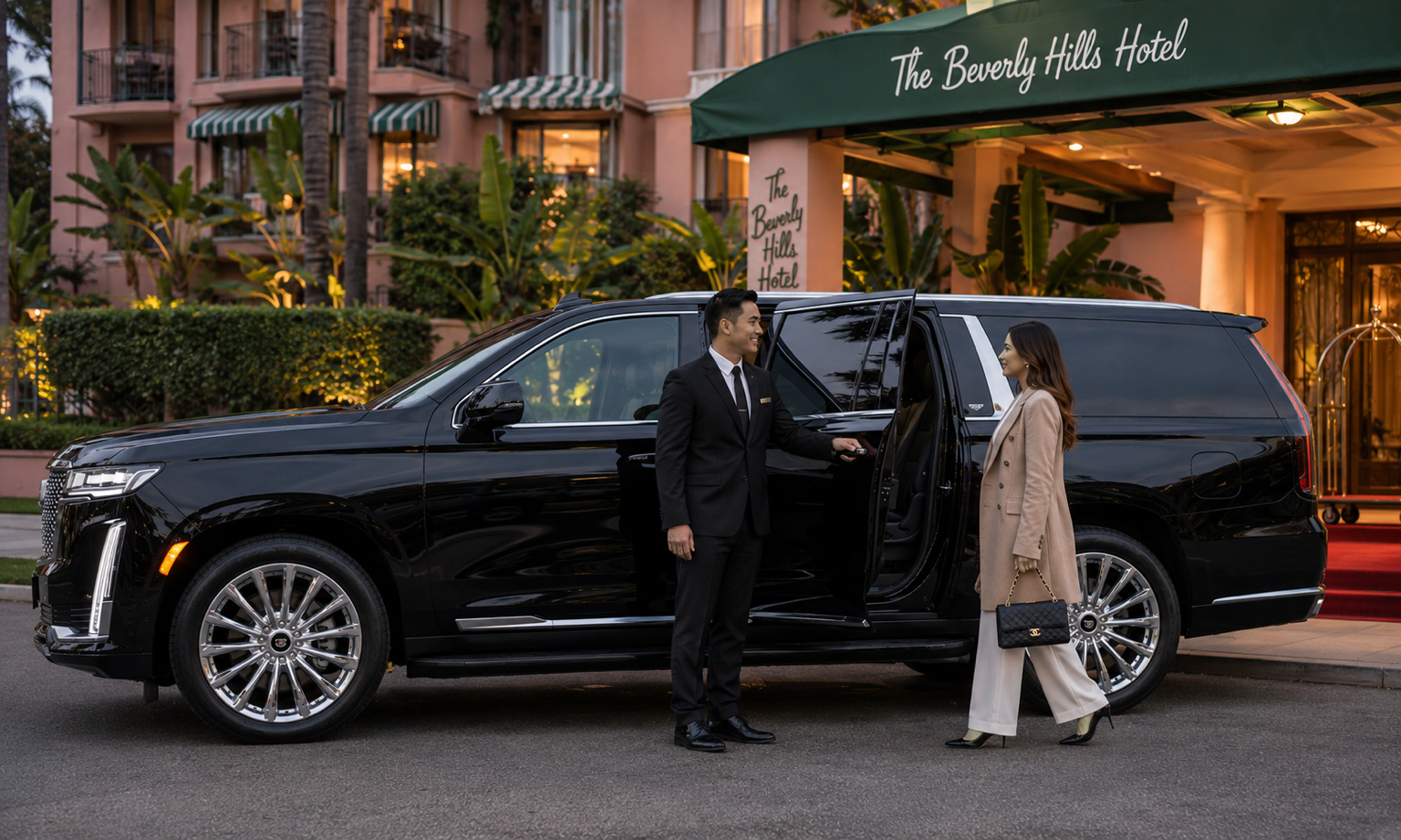 BEMAX LIMO CHAUFFEURED SERVICE luxury vehicle parked at night