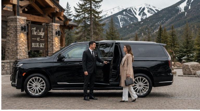 Professional chauffeur standing by a luxury black sedan at a private terminal