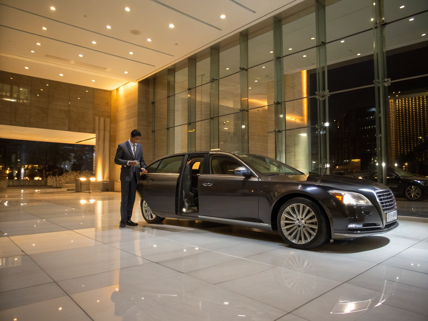 Professional chauffeur standing by a luxury sedan